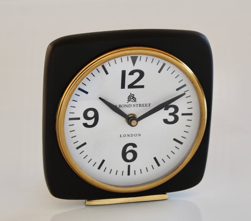 BLACK AND BRASS TABLE CLOCK  16X16CM